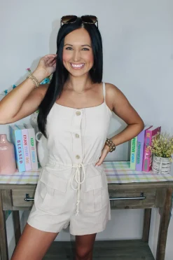 Button Down Solid Woven Romper "Oatmeal"<Allie Lynn's Boutique New