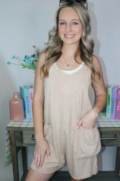Casual Sleeveless Washed Knit Romper "Taupe"<Allie Lynn's Boutique Online