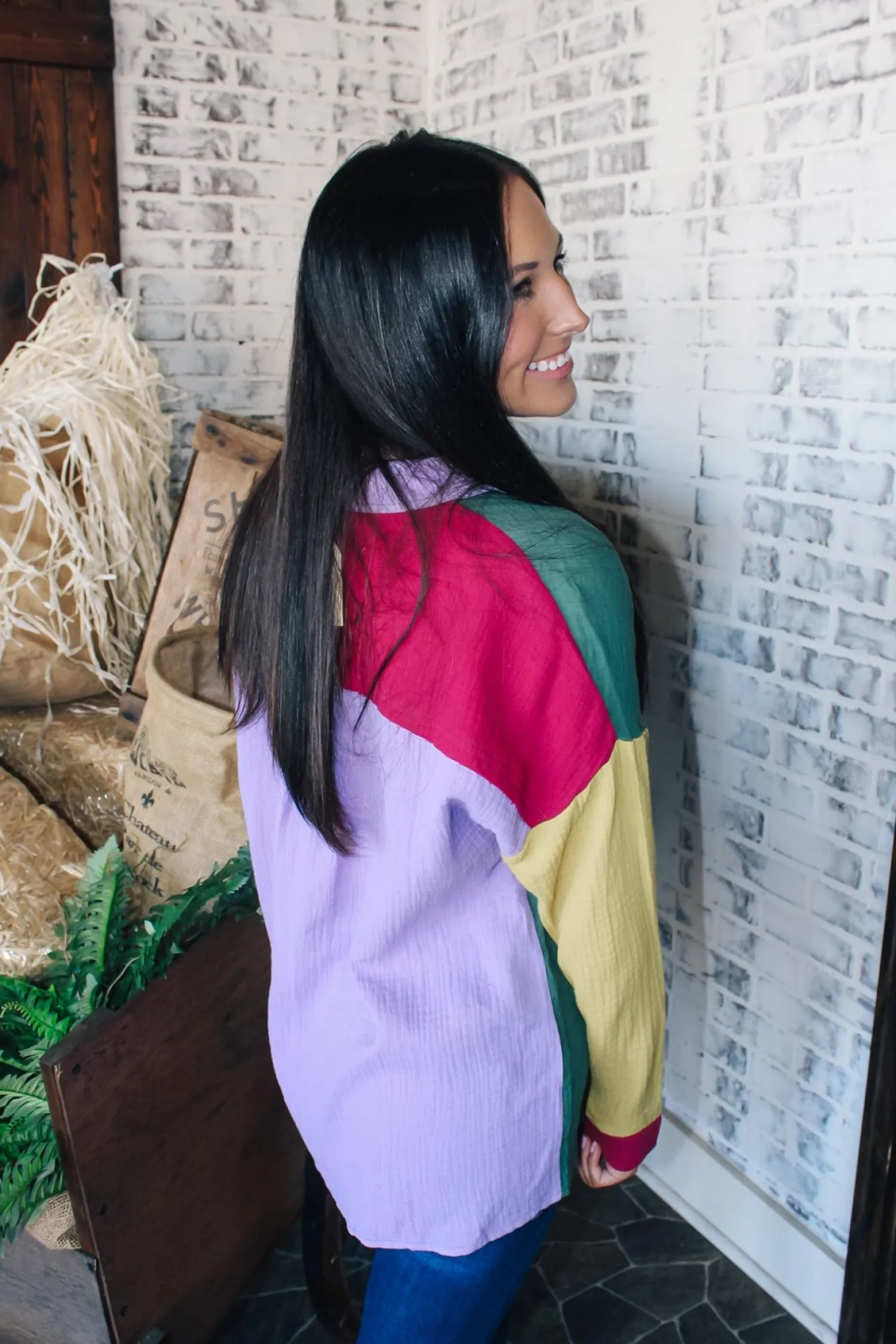 Colorblock Button Down "Forest/Magenta"<Allie Lynn's Boutique Best Sale