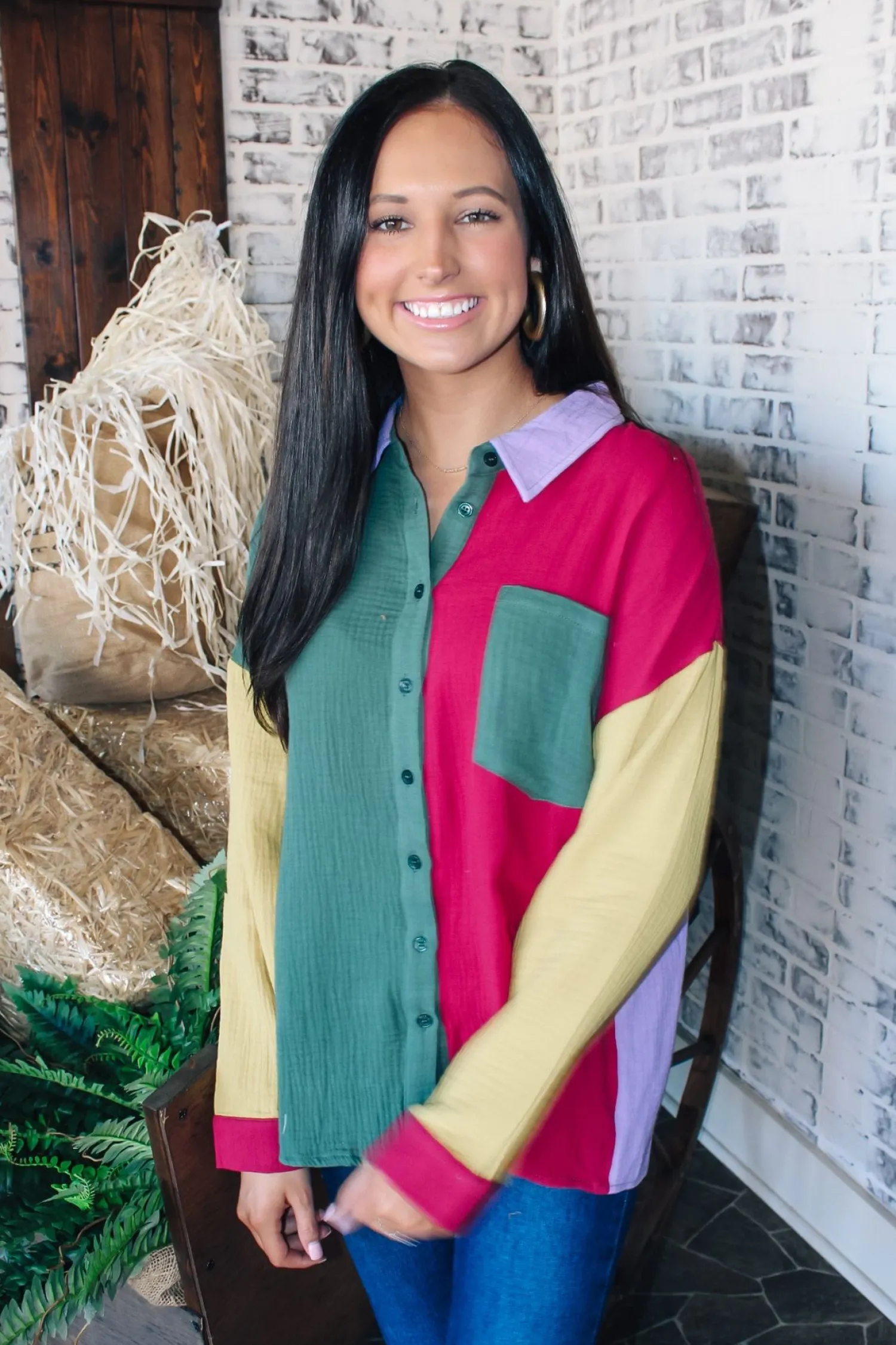 Colorblock Button Down "Forest/Magenta"<Allie Lynn's Boutique Best Sale