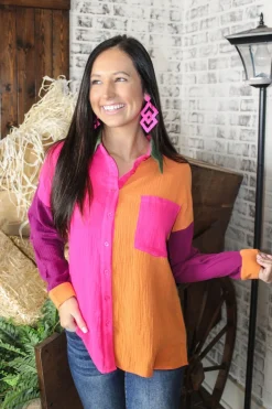 Colorblock Button Down "Fuchsia/Orange"<Allie Lynn's Boutique Flash Sale