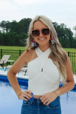 Cross Neck Cropped Knit Top "White"<Allie Lynn's Boutique New