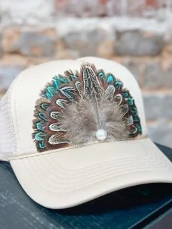 Feather Trucker Hat "Khaki"<Allie Lynn's Boutique Best Sale