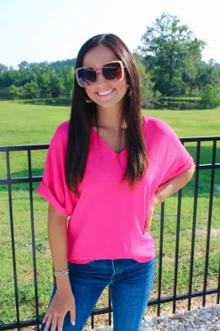 Fuchsia V-Neck Cuff Sleeve Top<Allie Lynn's Boutique Flash Sale