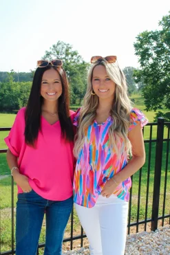 Fuchsia V-Neck Cuff Sleeve Top<Allie Lynn's Boutique Flash Sale