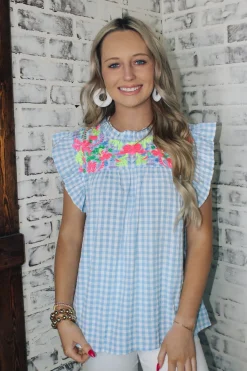 Gingham Powder Blue Top<Allie Lynn's Boutique Best Sale