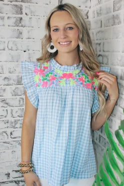Gingham Powder Blue Top<Allie Lynn's Boutique Best Sale