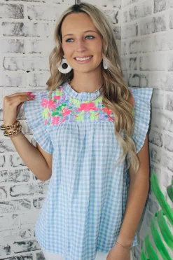Gingham Powder Blue Top<Allie Lynn's Boutique Best Sale