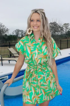 Green Palms Collared Romper<Allie Lynn's Boutique Hot