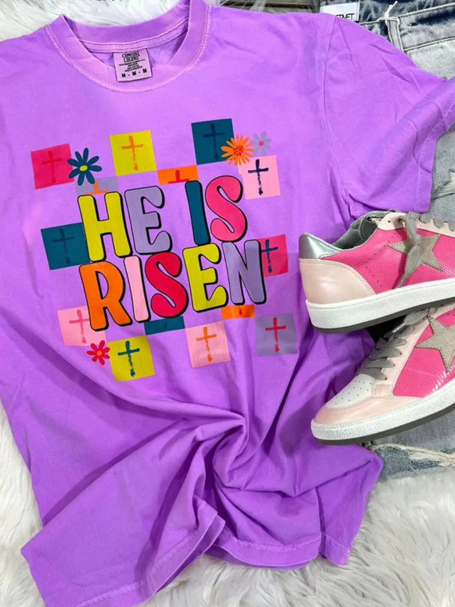 He Is Risen Graphic Tee "Neon Violet"<Allie Lynn's Boutique Online