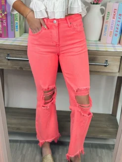 High Rise Knee Distressed Straight Pants "Coral"<Allie Lynn's Boutique Flash Sale