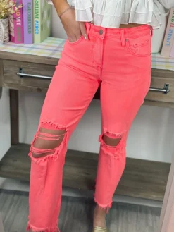 High Rise Knee Distressed Straight Pants "Coral"<Allie Lynn's Boutique Flash Sale