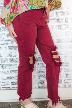 High Rise Knee Distressed Pants "Wine"<Allie Lynn's Boutique Best