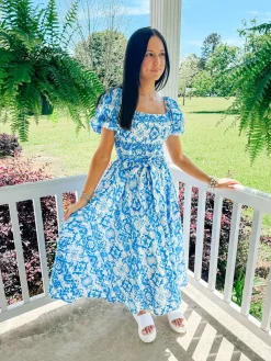 Ivory Blue Printed Midi Dress<Allie Lynn's Boutique Clearance