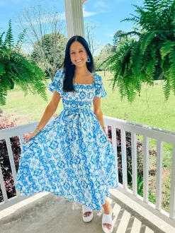 Ivory Blue Printed Midi Dress<Allie Lynn's Boutique Flash Sale