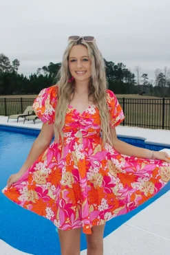 Pink/Orange Floral Printed Mini Dress<Allie Lynn's Boutique Hot