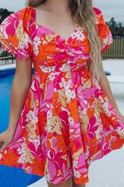 Pink/Orange Floral Printed Mini Dress<Allie Lynn's Boutique Hot