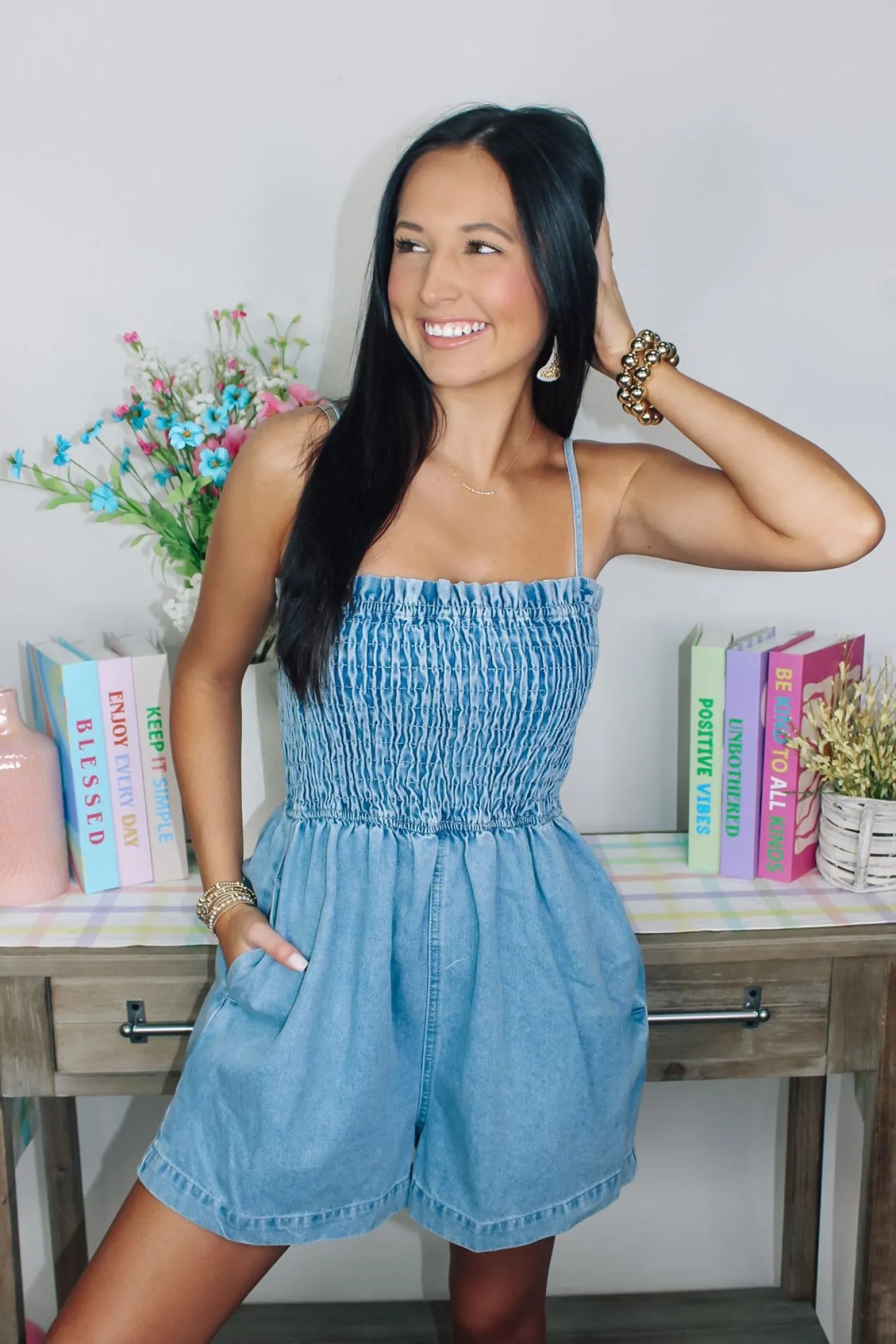 Smocked Denim Romper<Allie Lynn's Boutique Hot