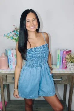 Smocked Denim Romper<Allie Lynn's Boutique Hot