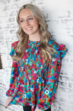 Smocked Kelly Green Floral Top<Allie Lynn's Boutique Cheap