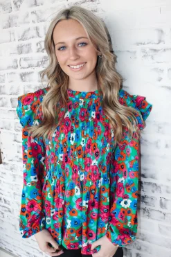 Smocked Kelly Green Floral Top<Allie Lynn's Boutique Cheap