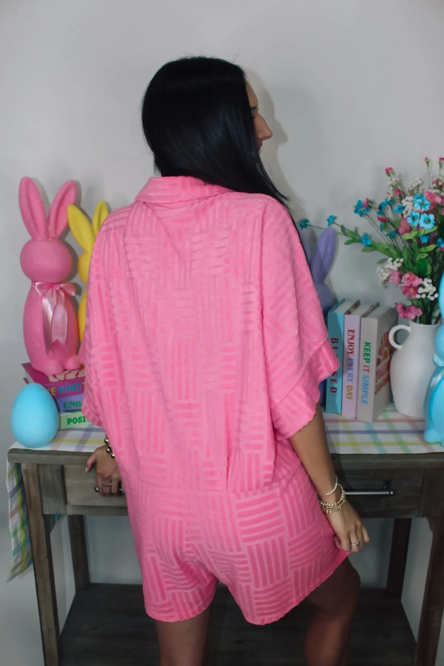 Textured Terry Collared Romper "Pink"<Allie Lynn's Boutique Clearance