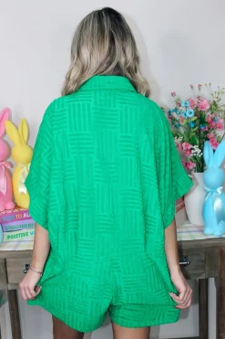 Textured Terry Collared Romper "Green"<Allie Lynn's Boutique Store