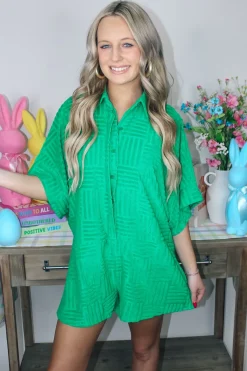 Textured Terry Collared Romper 