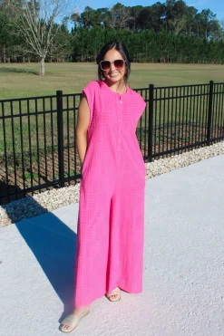 Textured Terry Sleeveless Jumpsuit "Hot Pink"<Allie Lynn's Boutique Online