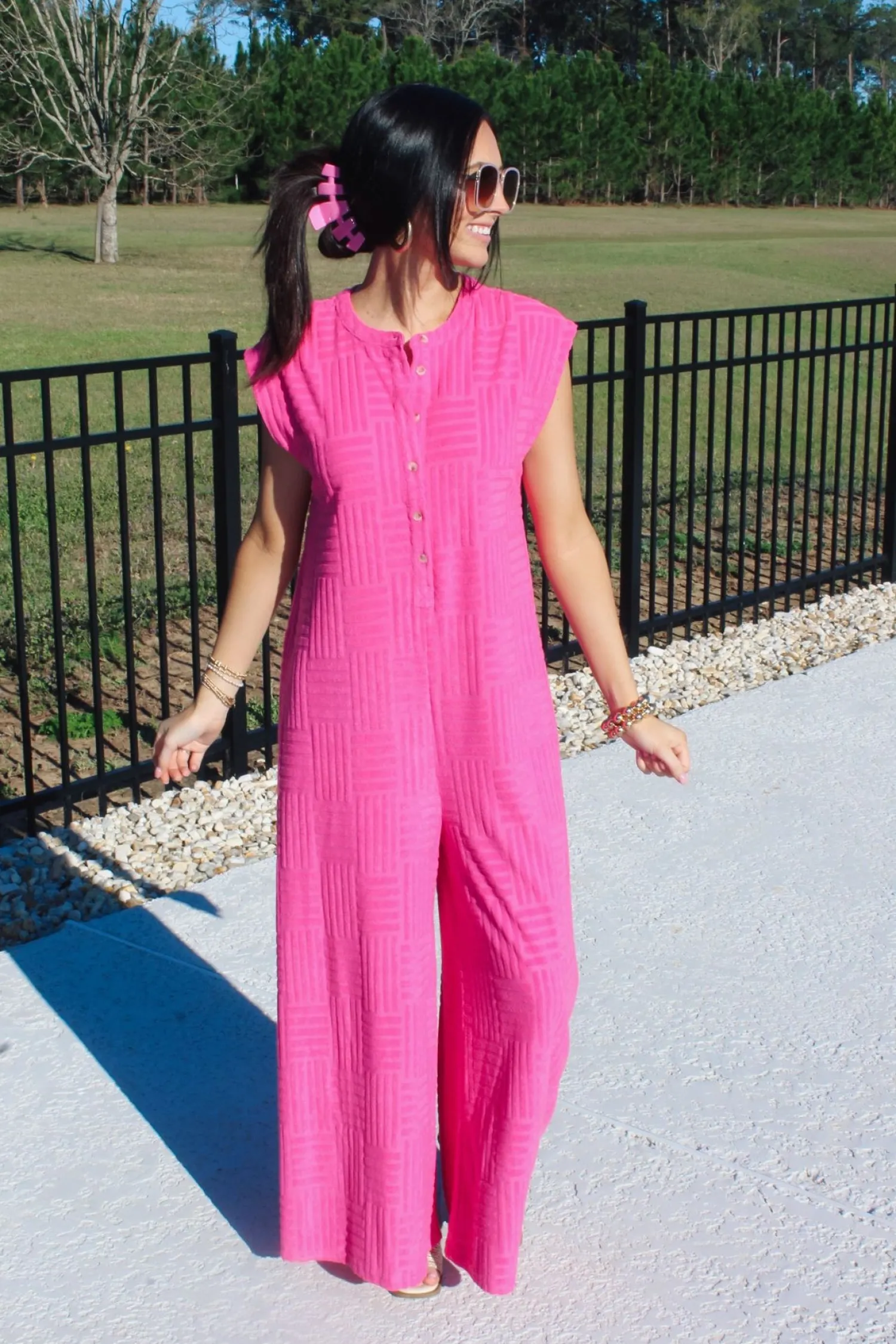 Textured Terry Sleeveless Jumpsuit "Hot Pink"<Allie Lynn's Boutique Online