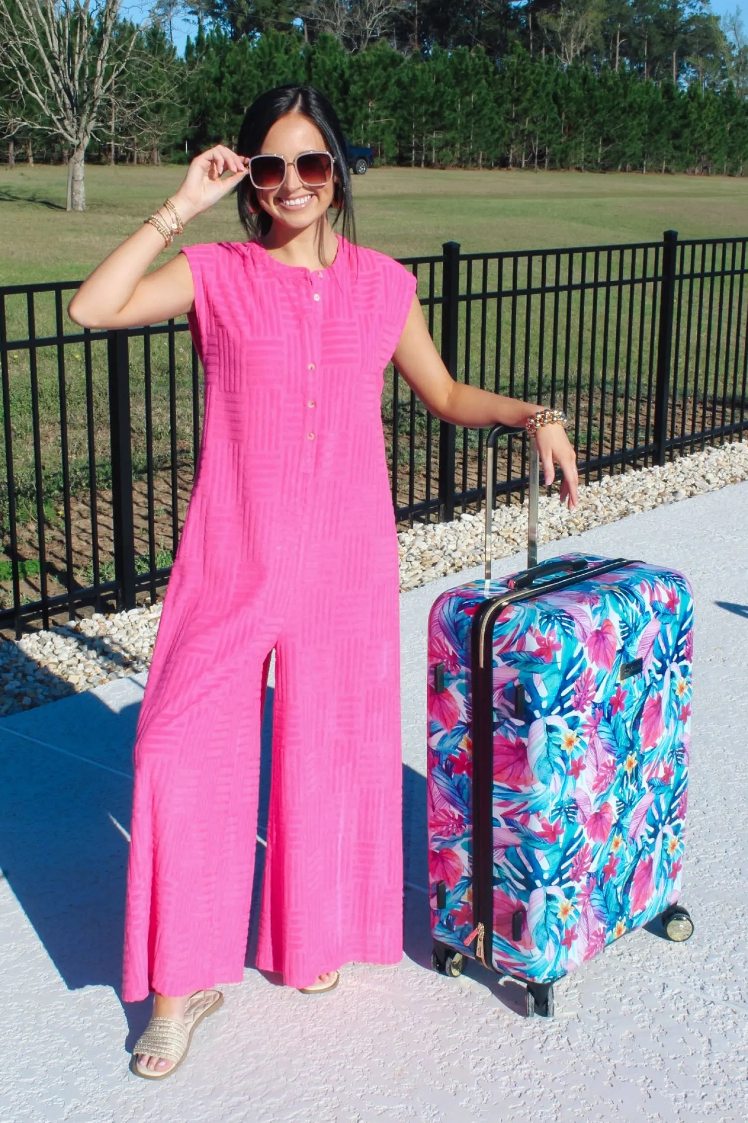 Textured Terry Sleeveless Jumpsuit "Hot Pink"<Allie Lynn's Boutique Online
