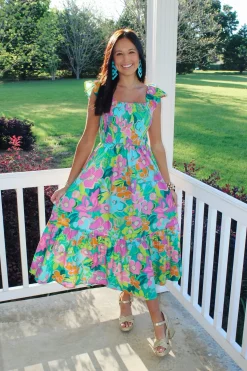 Turquoise Fun Floral Midi Dress<Allie Lynn's Boutique Fashion