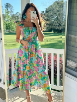 Turquoise Fun Floral Midi Dress<Allie Lynn's Boutique Fashion