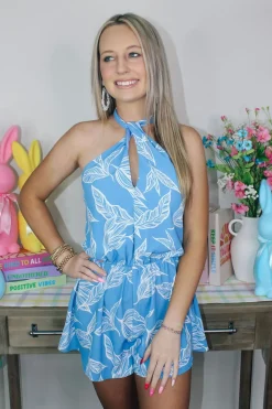 Twisted Halter Neckline Romper "Blue/White"<Allie Lynn's Boutique Cheap